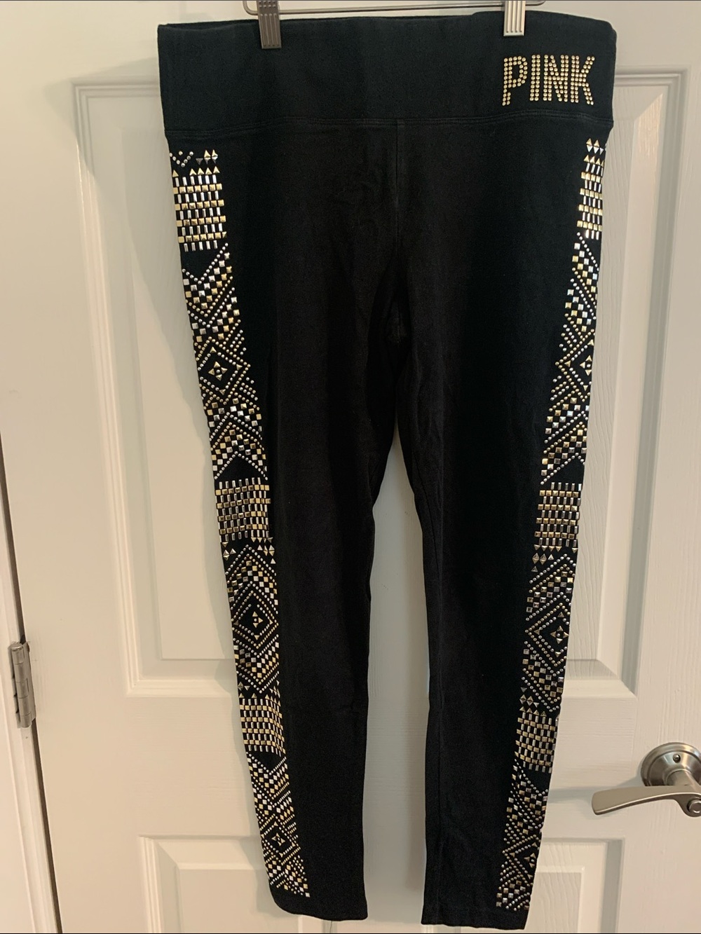 PINK Victoria's Secret Black Leggings with Gold Studded Side Pattern